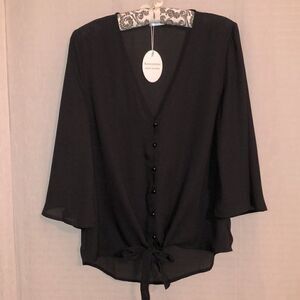 Kancystore M Black Button Front V-Neck Bell Quarter Sleeve Tie Front Blouse